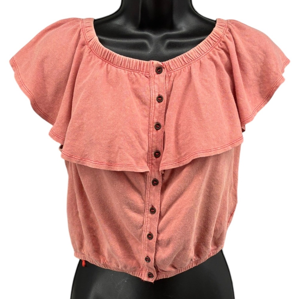 We The Free Free People Ruffle Snap Front Top Washed Pink Coral Linen Blend S